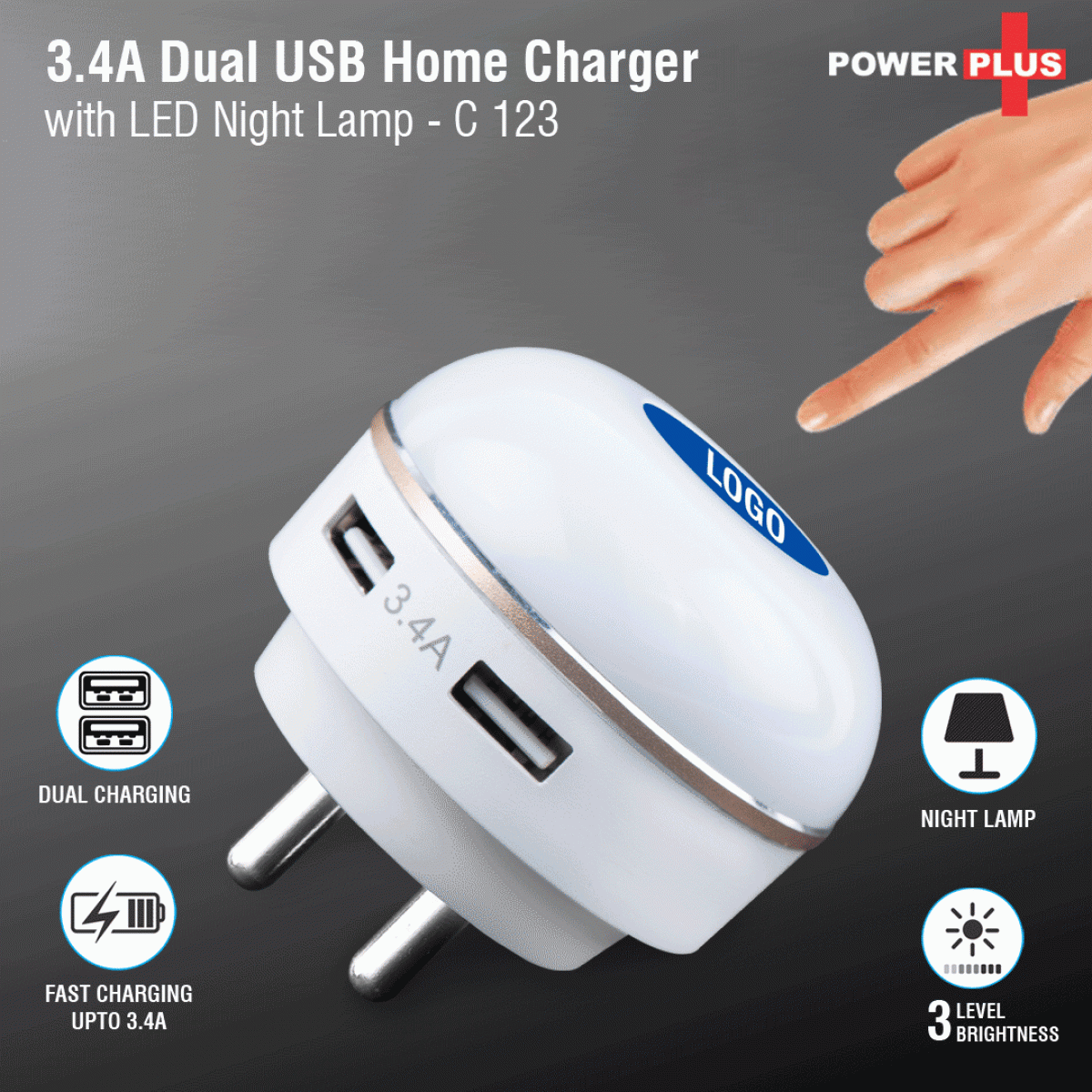 Dual USB fast charger with night lamp
