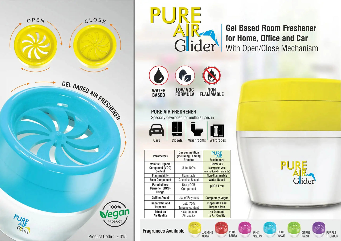 Pure Air Glider: Gel based room freshener for Home, Office and Car | With open/close mechanism | Net 125 grams