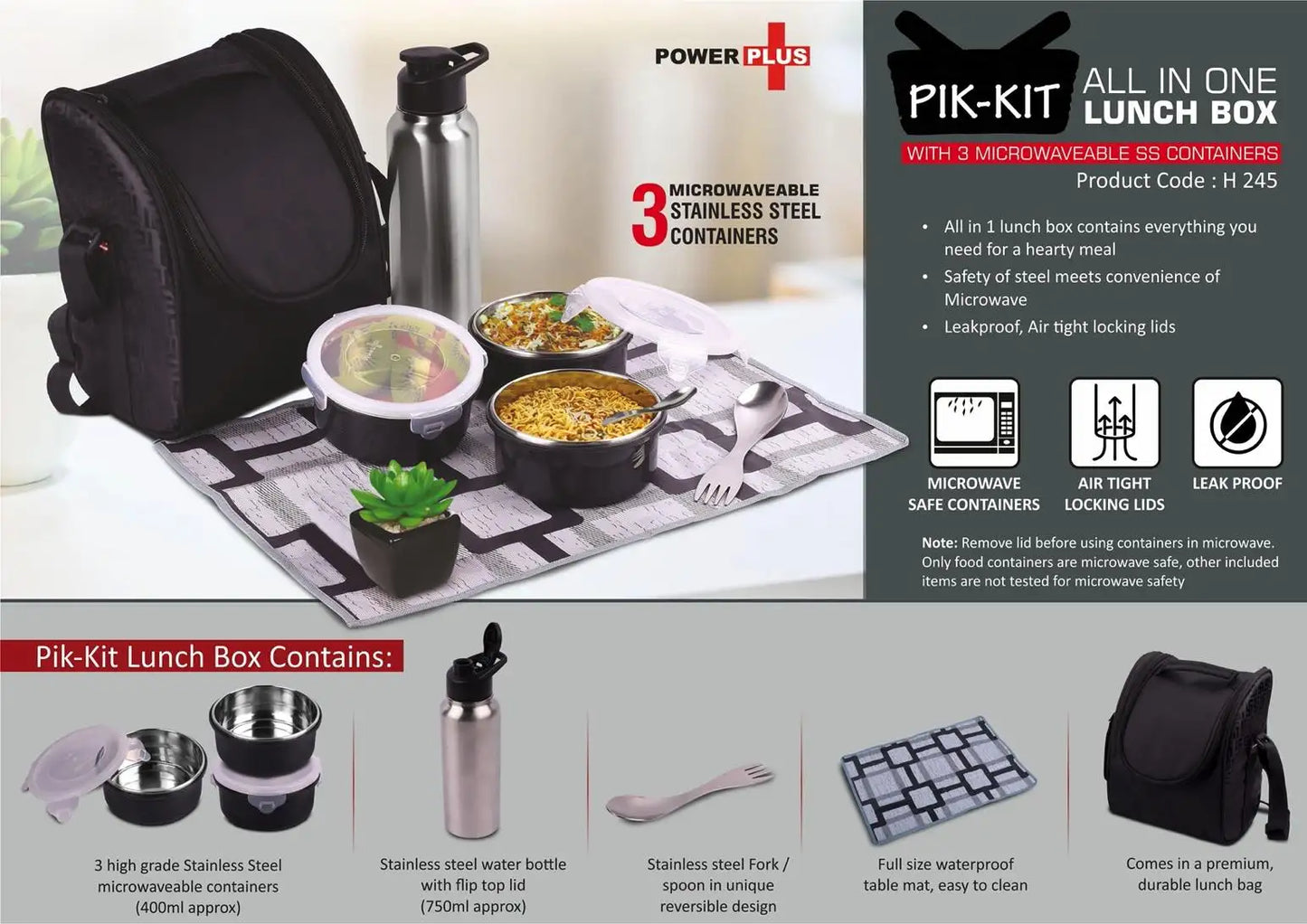 PIK-KIT: All in 1 Lunch box with 3 Microwaveable SS containers | Contains SS bottle, Fork, Spoon, Tablemat, Premium Bag