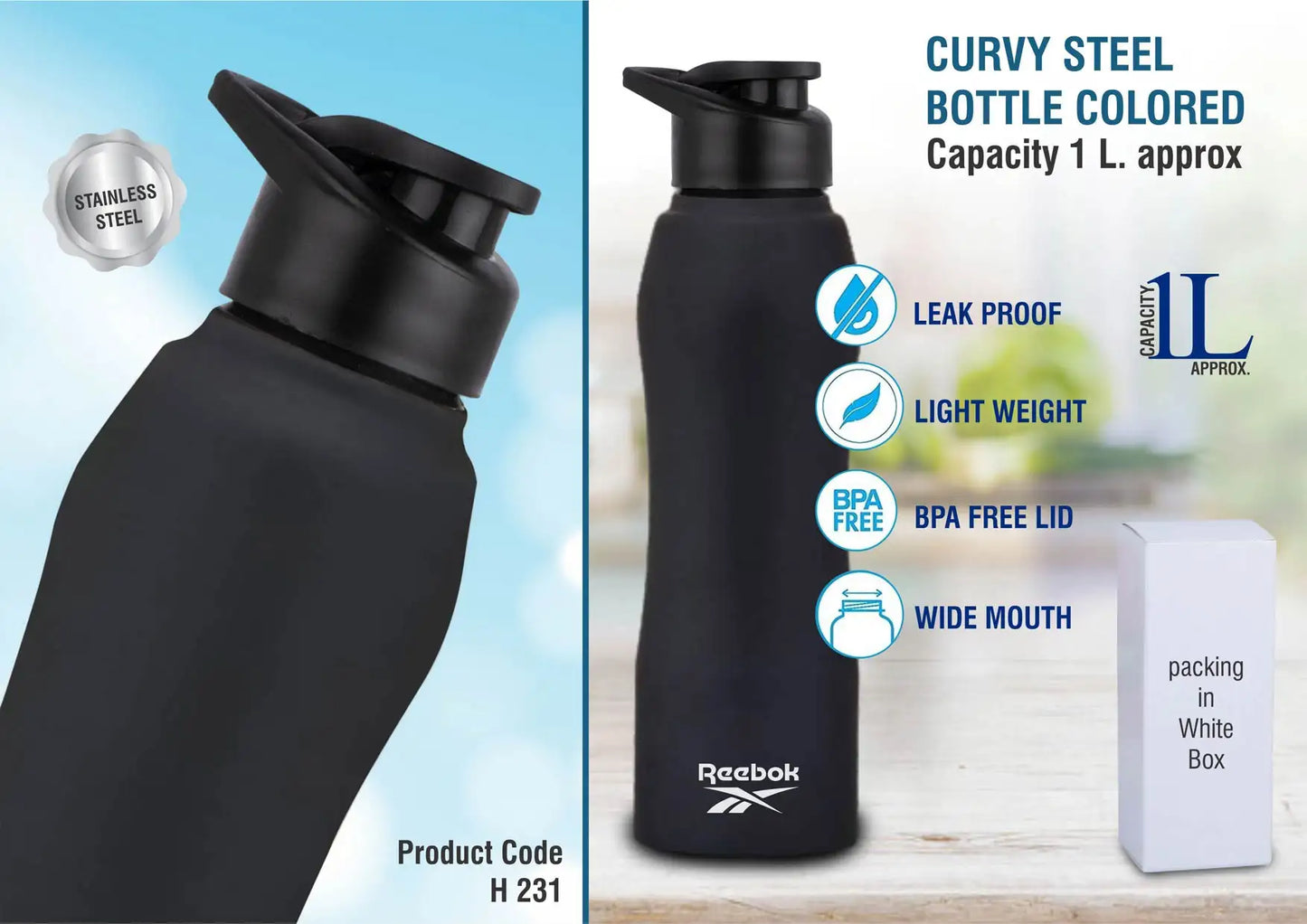 Curvy steel bottle Colored | Capacity 1L approx