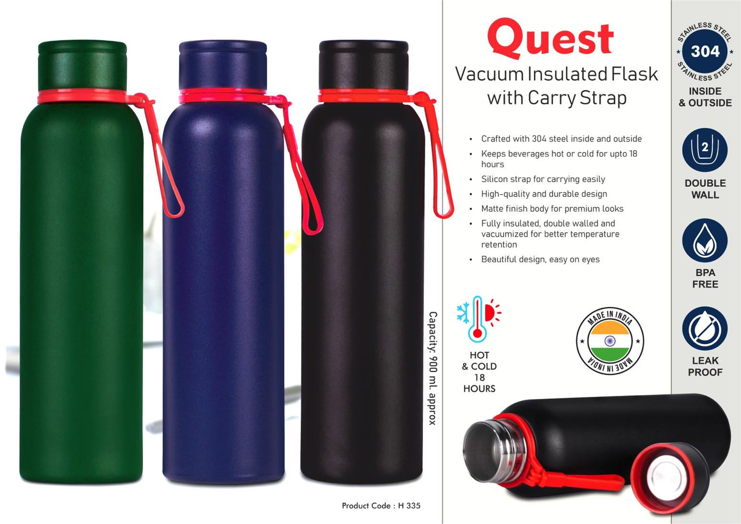 Quest 900ml Vacuum Insulated Flask with Carry Strap | 304 steel inside & outside | 18 hours hot/cold