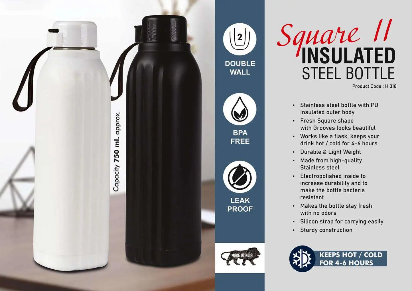 Square II: Insulated Steel Bottle | Keeps Hot & Cold for 4-6 Hours | Strap for Carrying easily | Capacity 750 ml approx