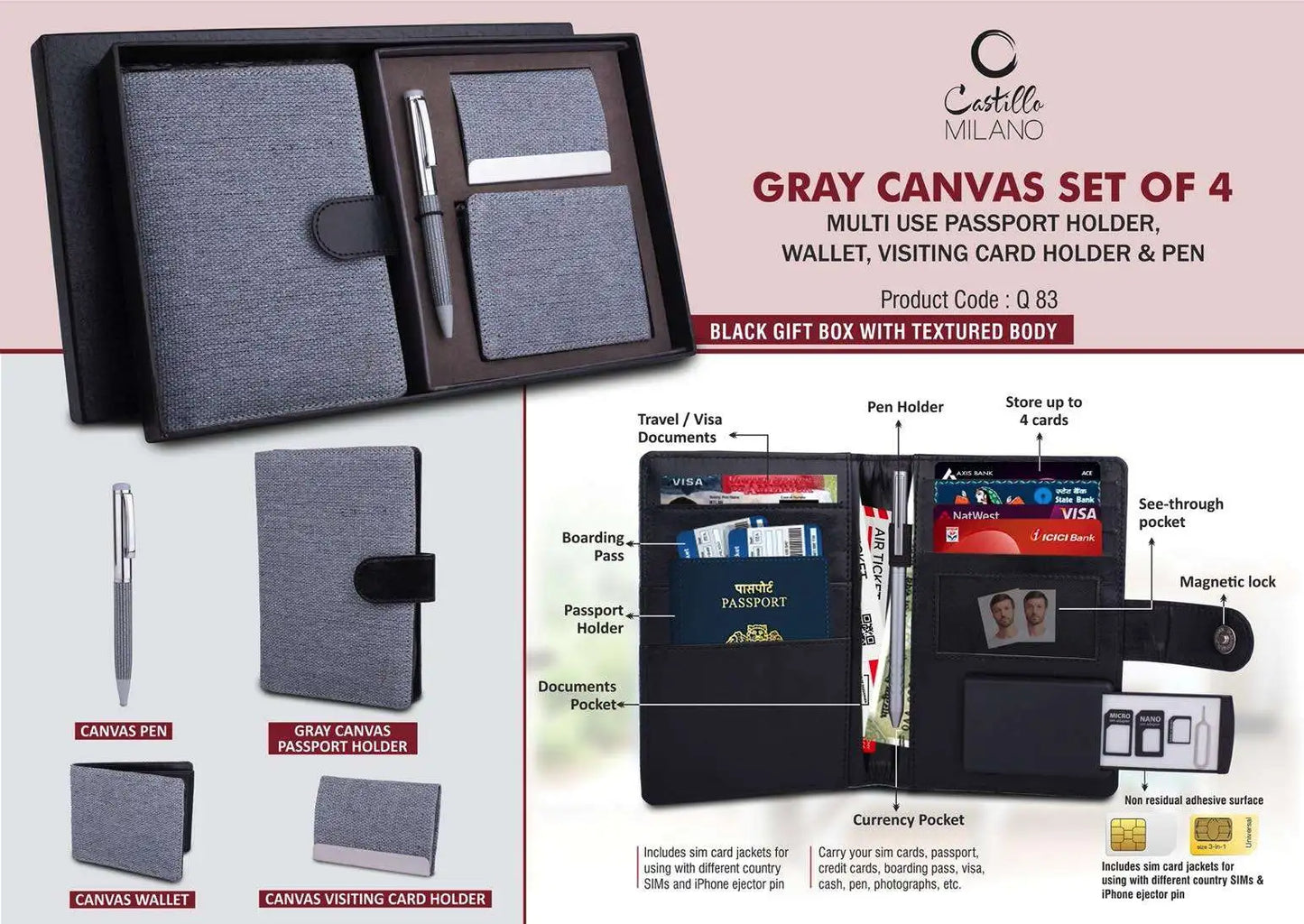 Canvas Gray Set of 4: Multi use Passport holder, Wallet, Card holder, Metal Pen
