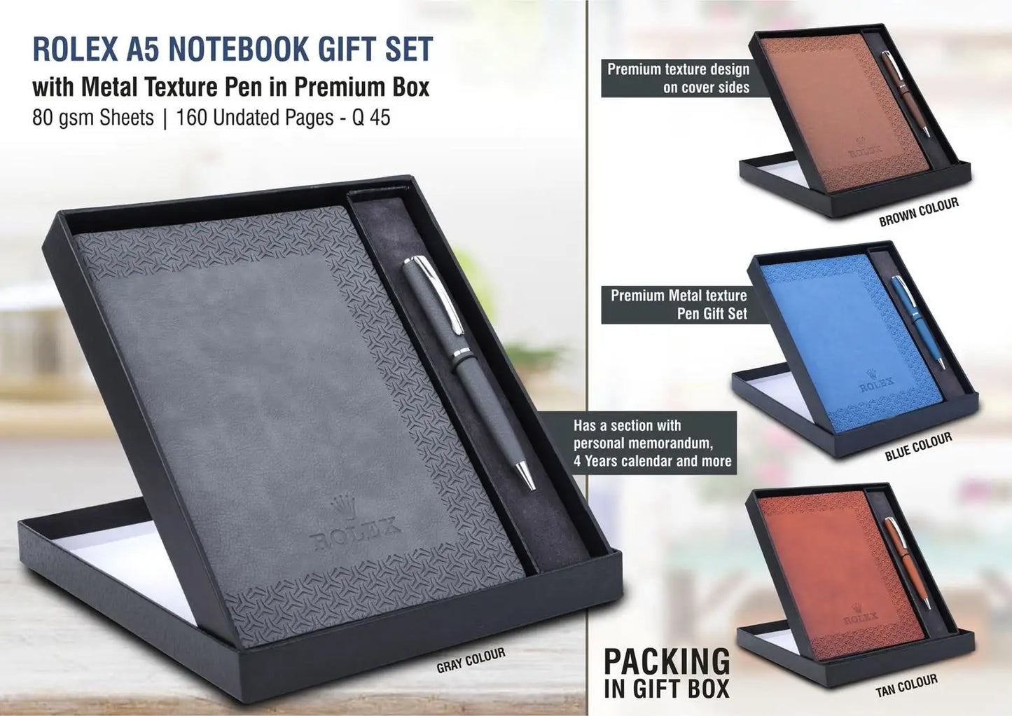 Rolex Notebook with Metal Texture pen Gift set in Premium box