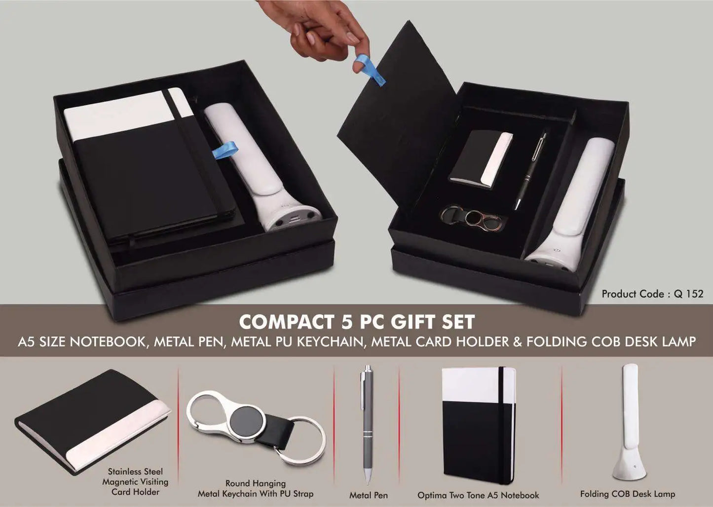 Compact 5 Pc Gift Set: A5 Size Notebook, Metal Pen, Metal Pu Keychain, Metal Card Holder & Folding COB Desk Lamp