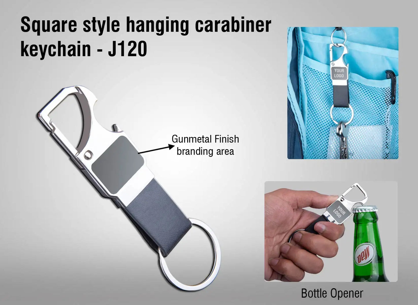 3 in 1 hanging carabiner keychain with opener | Gunmetal finish