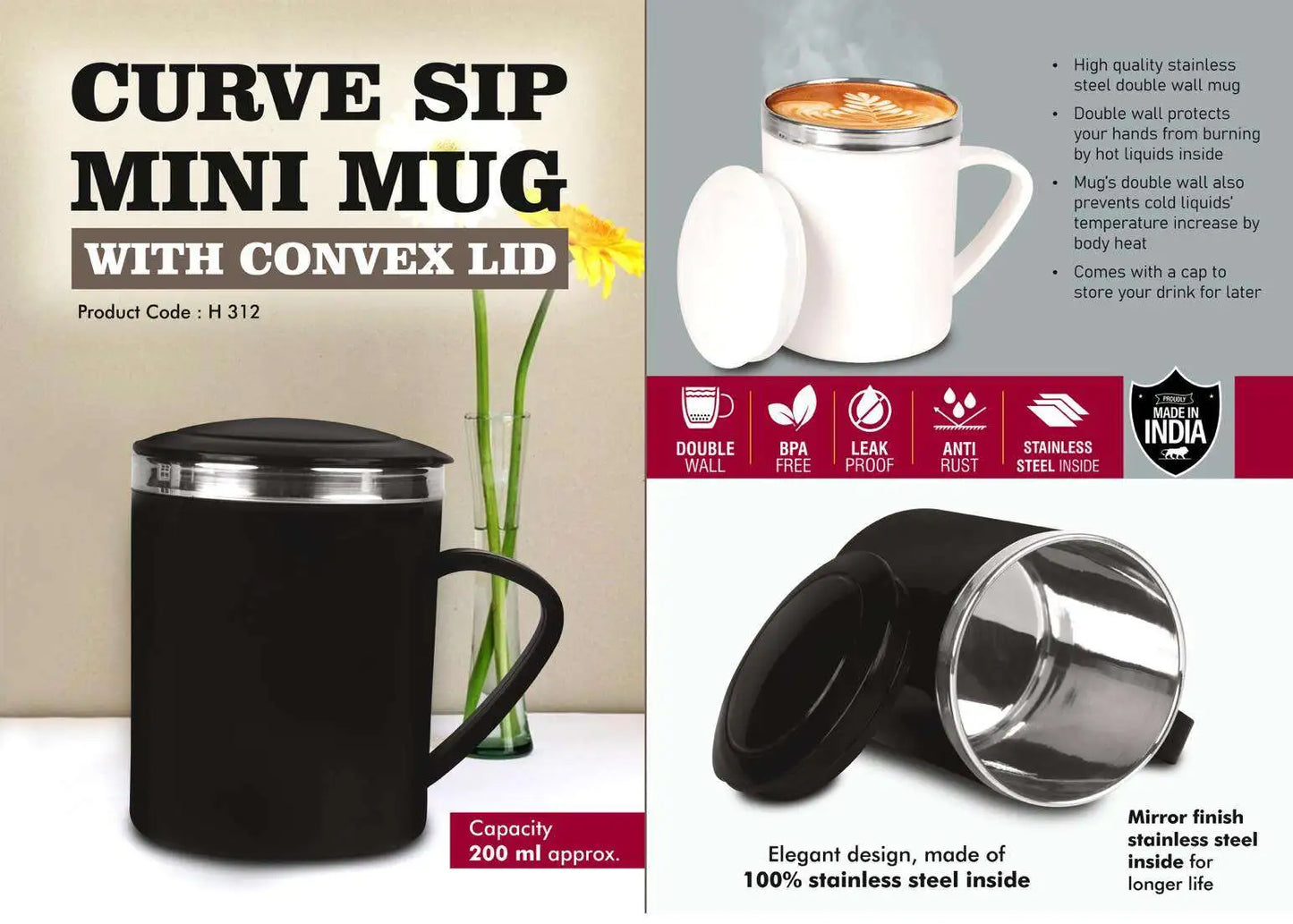 CurveSip Mini Steel mug with Convex Lid | Capacity 200ml Approx