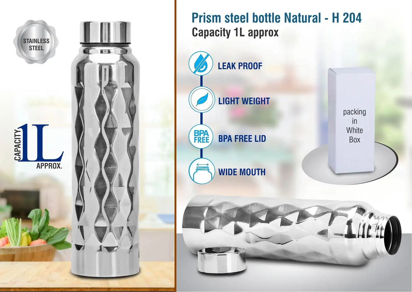 Prism steel bottle Natural | Capacity 1L approx