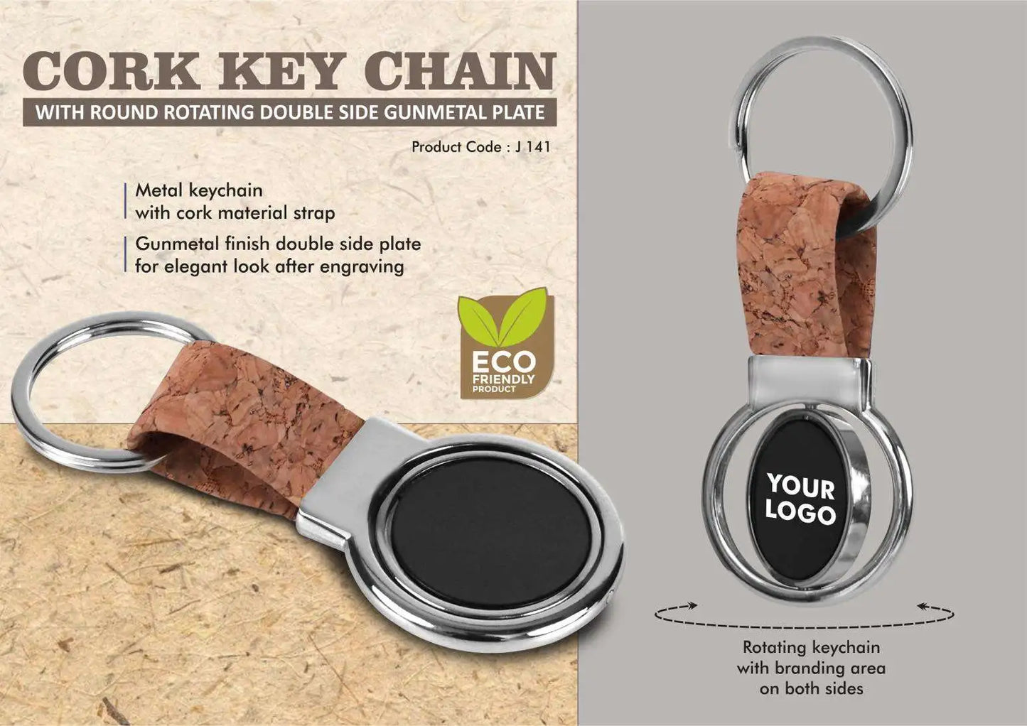 Cork Key chain with Round Rotating Double side Gunmetal plate