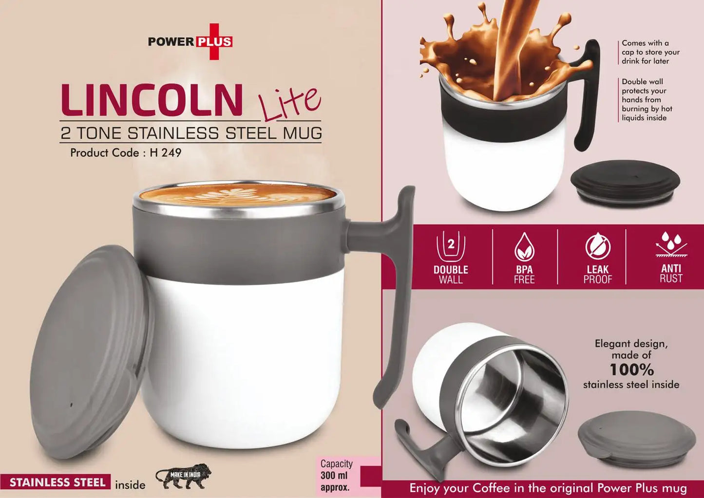 Lincoln : 2 Tone Stainless steel Mug with Lid | Leak proof | BPA Free | Capacity 300 ml approx