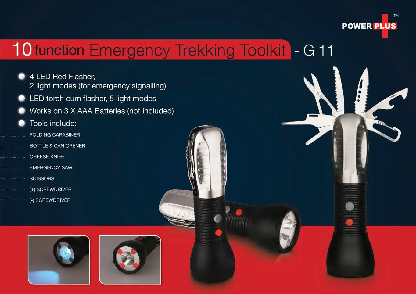 Emergency trekking toolkit (9 function with 5 mode torch & 2 mode flasher)