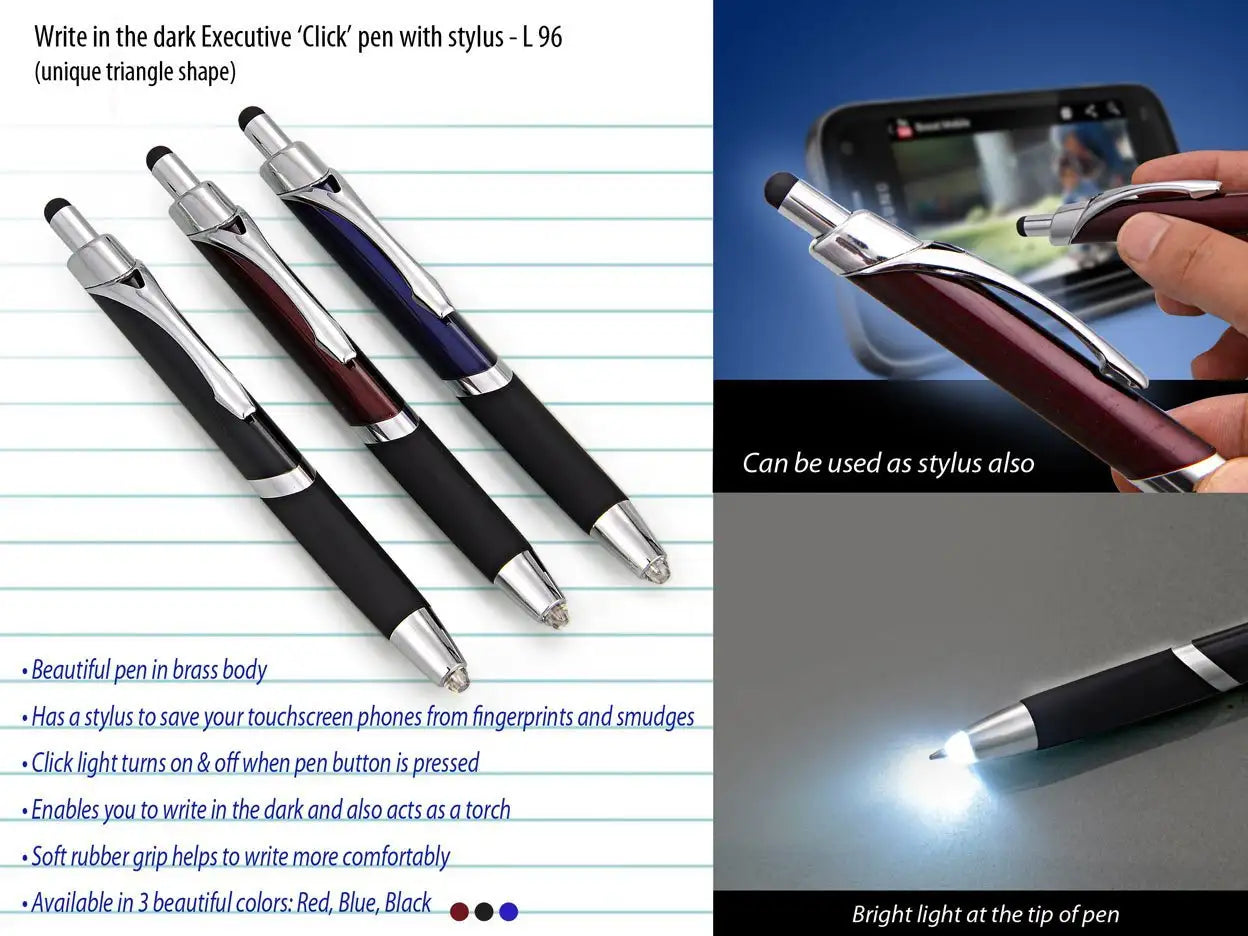 Write in the dark executive ‘Click’ pen with stylus (brass body) (Triangle shape)