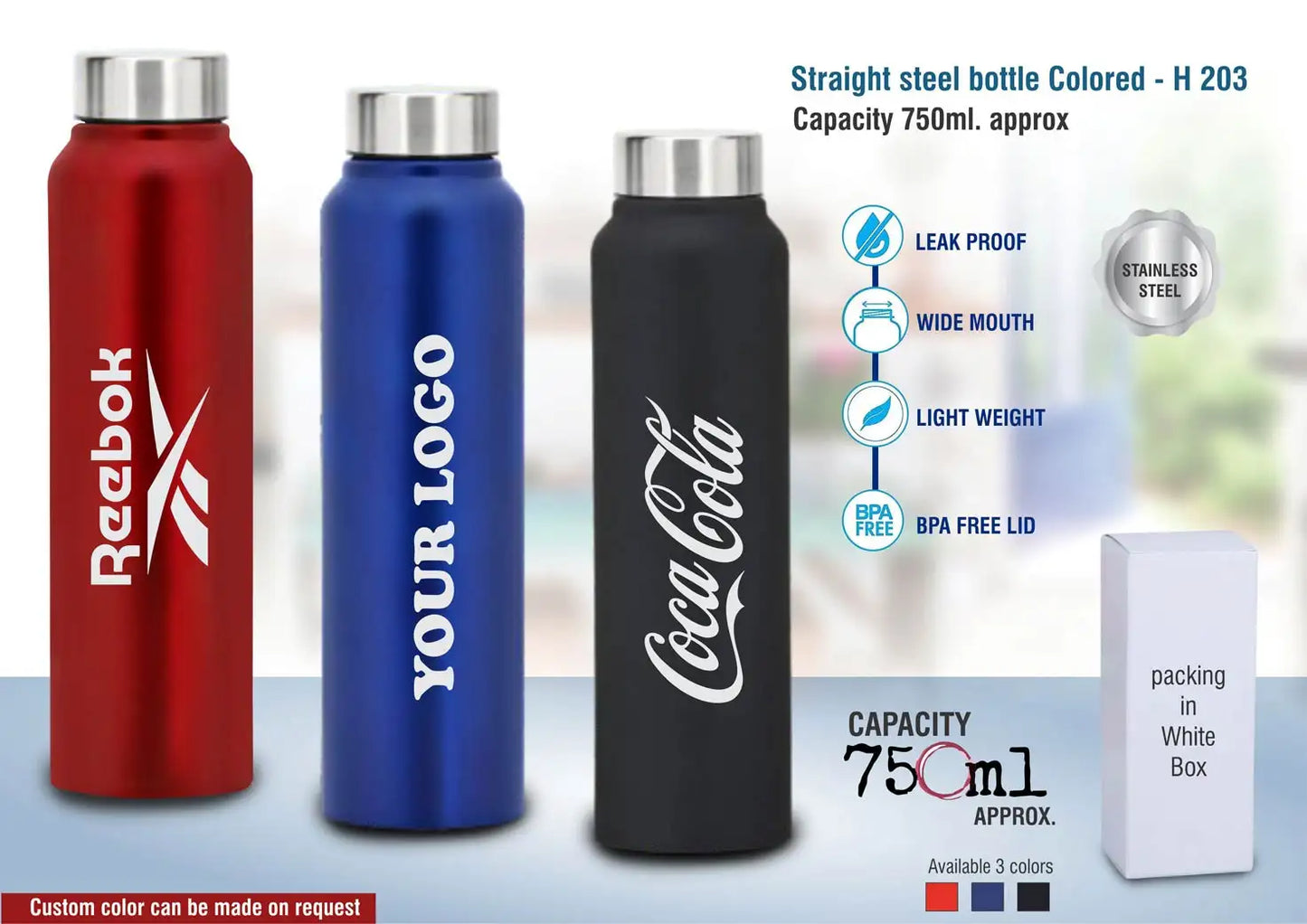 Straight steel bottle Colored | Capacity 750ml approx