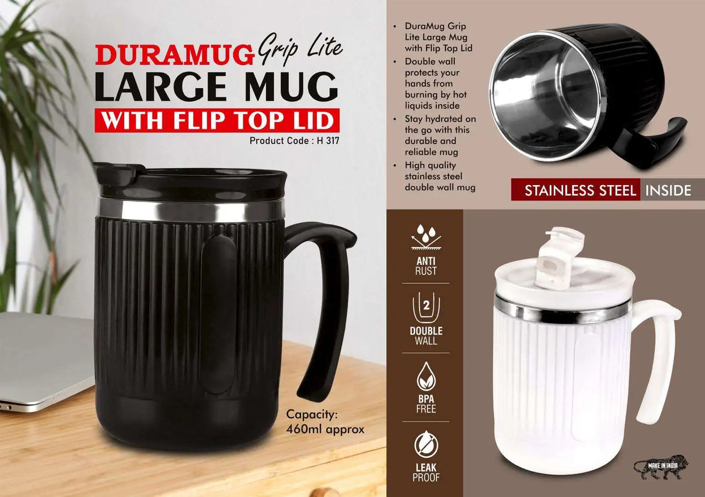 DuraMug Grip Lite: Large mug with Flip Top Lid | Capacity 460ml approx | Stainless steel inside