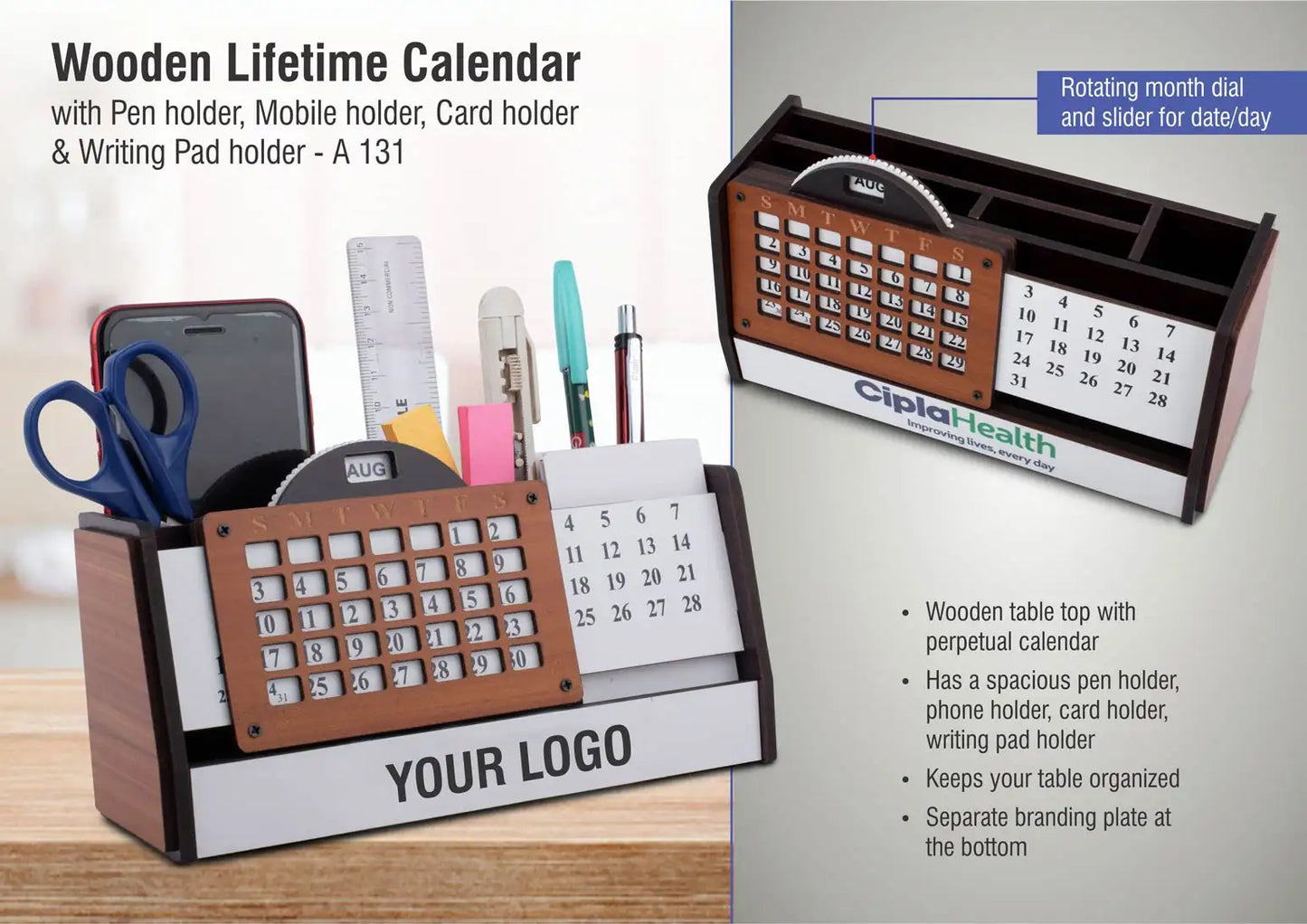 Wooden Lifetime calendar with Pen holder, Mobile holder, Card holder and Writing Pad holder | Branding included MOQ 100pc