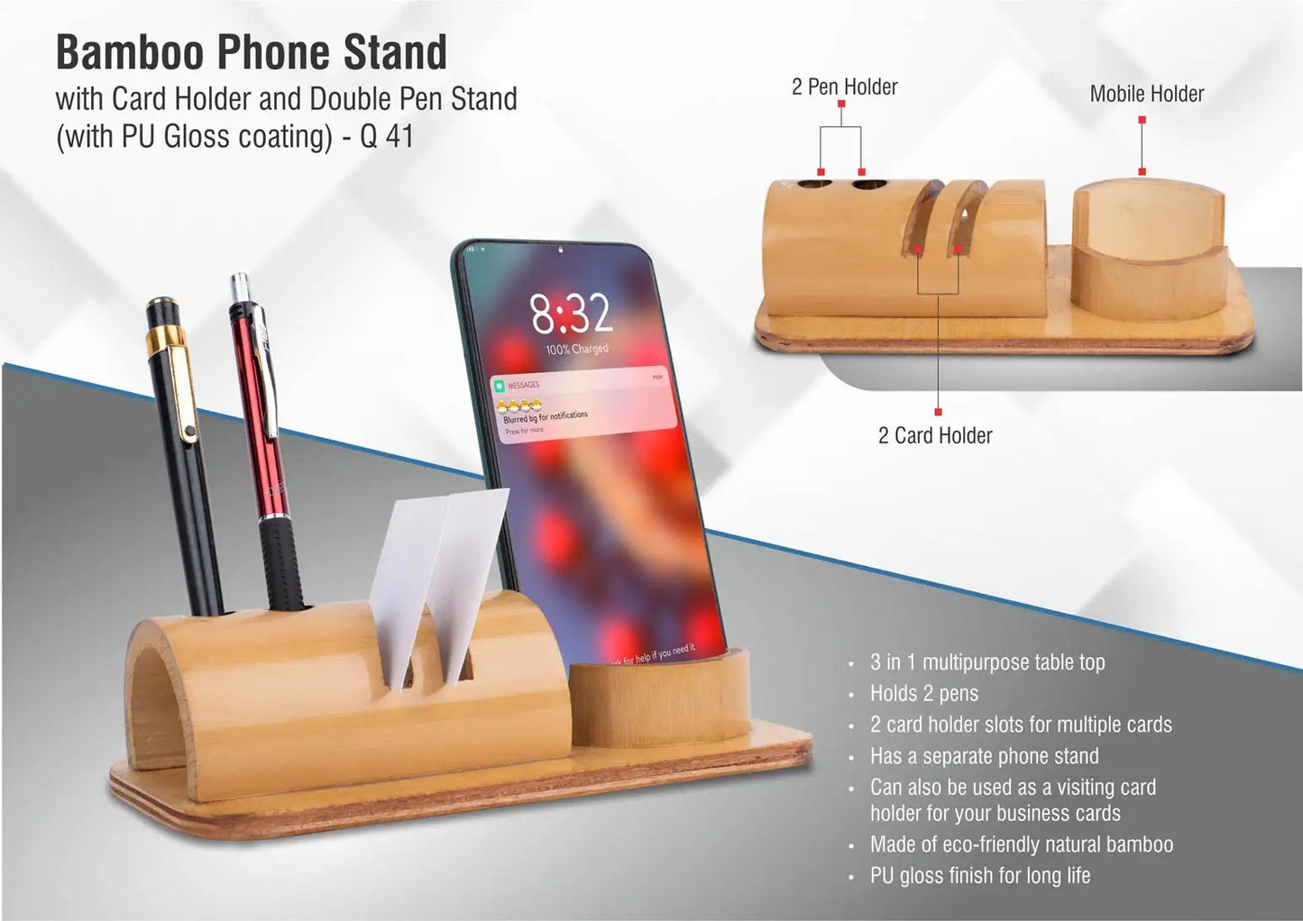 Bamboo phone stand with card holder and double pen stand (with PU Gloss coating)