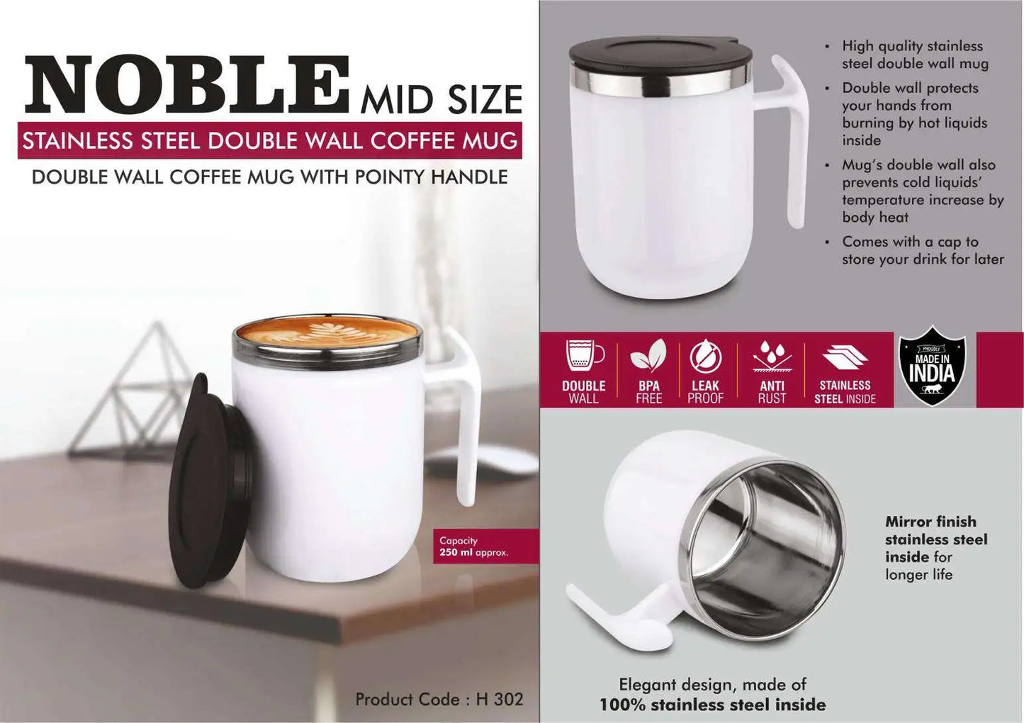 Noble: Mid Size Stainless Steel Double wall Coffee mug with Pointy handle | Leak Proof | Capacity 250ml approx