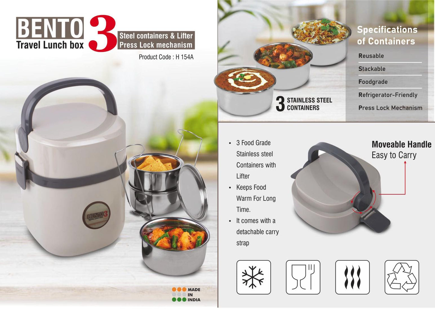 Bento Travel Lunch box with 3 Steel containers & Lifter | Press Lock mechanism SKU: H154a