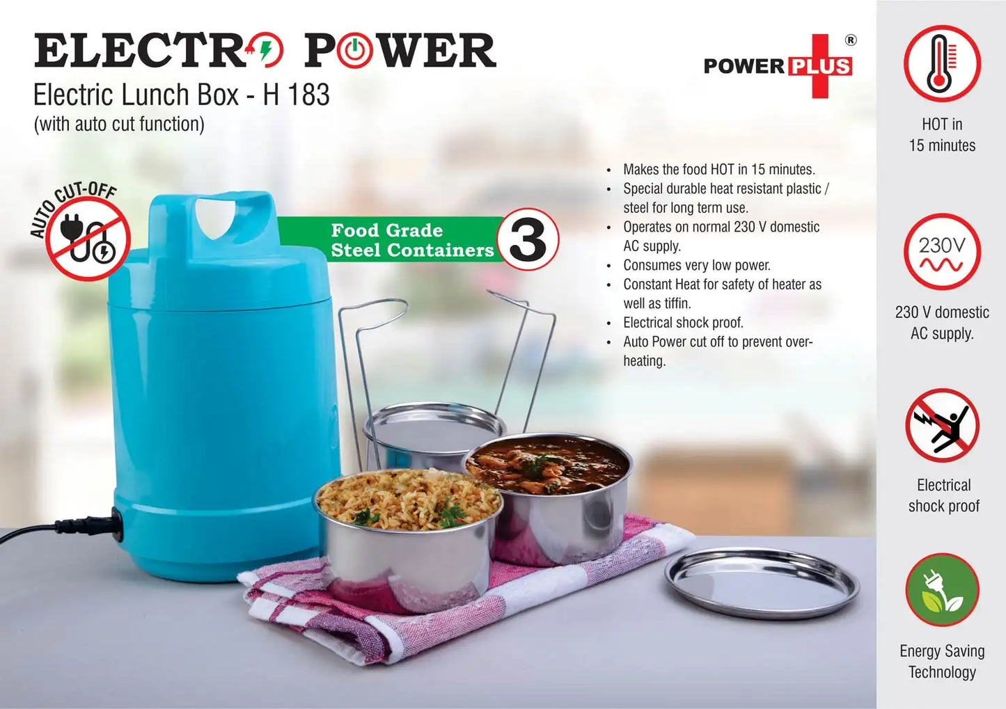 Electro Steel: 3 container electric steel lunch box with Auto cut function
