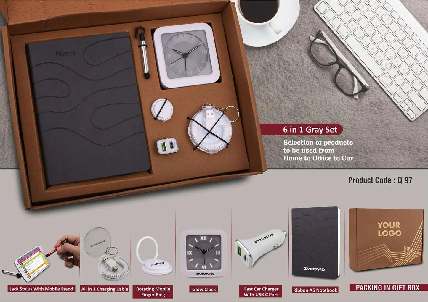6 in 1 Gray set: Mobile Finger ring, All in 1 Cable with Keychain, Fast Dual USB Car charger, Jack stylus with phone stand, Glow Clock and A5 PU notebook in Kraft Gift Box
