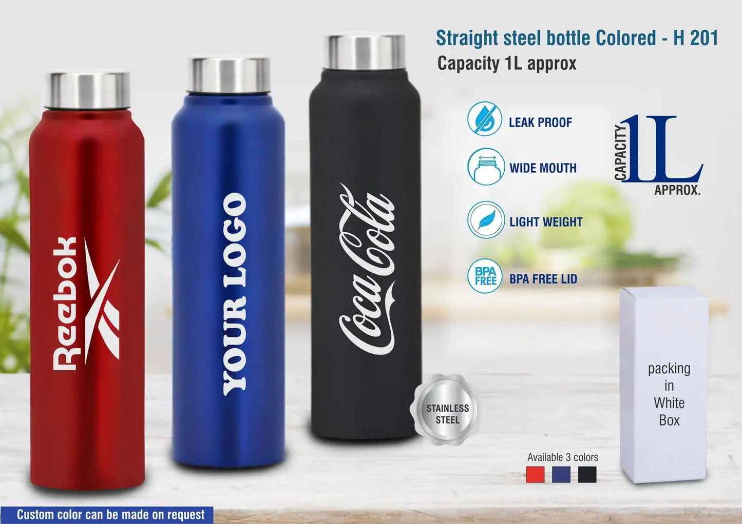 Straight steel bottle Colored | Capacity 1L approx