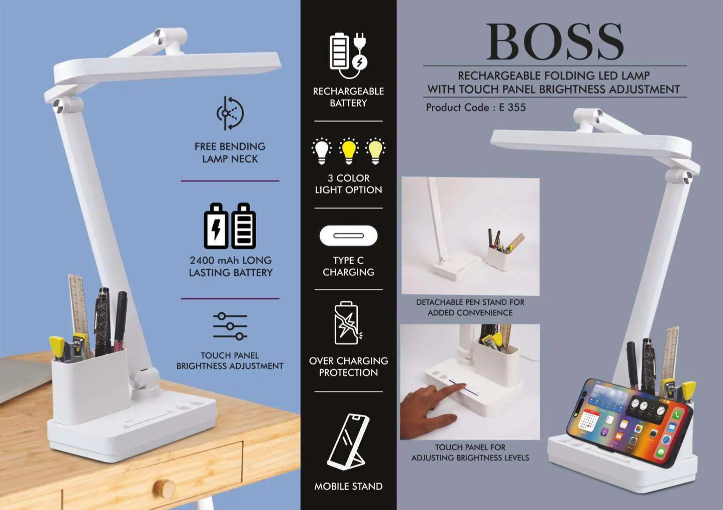 Boss : Rechargeable Folding LED lamp with Touch panel Brightness adjustment | Detachable pen stand | Mobile Stand | 3 Color light option