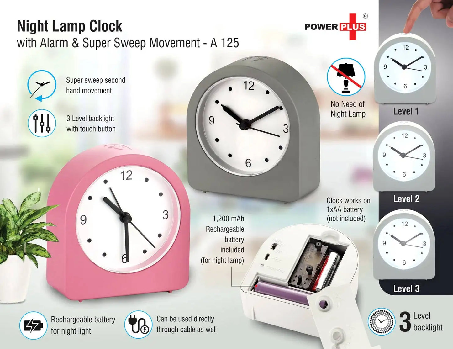 Night lamp clock with Alarm and Super Sweep movement | Rechargeable Lamp | 3 Level backlight