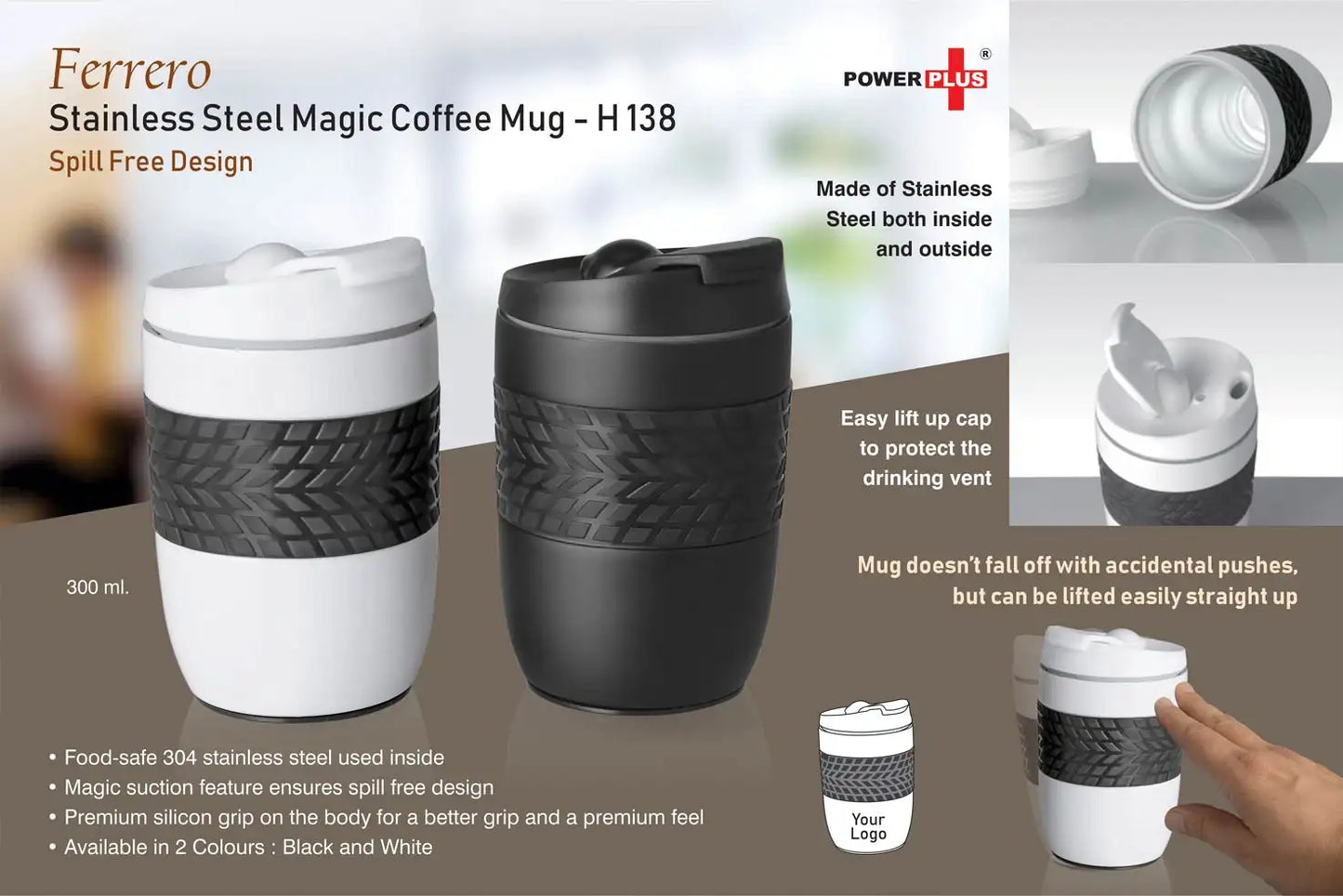 Ferrero Stainless Steel Magic Coffee Mug (300 ml approx) (Spill free design)