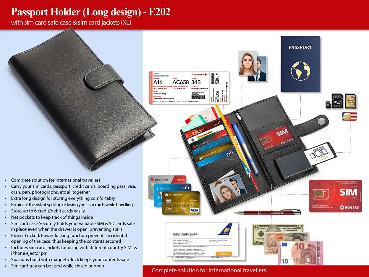 Passport Holder with sim card safe case & sim card jackets (XL) (Long design)