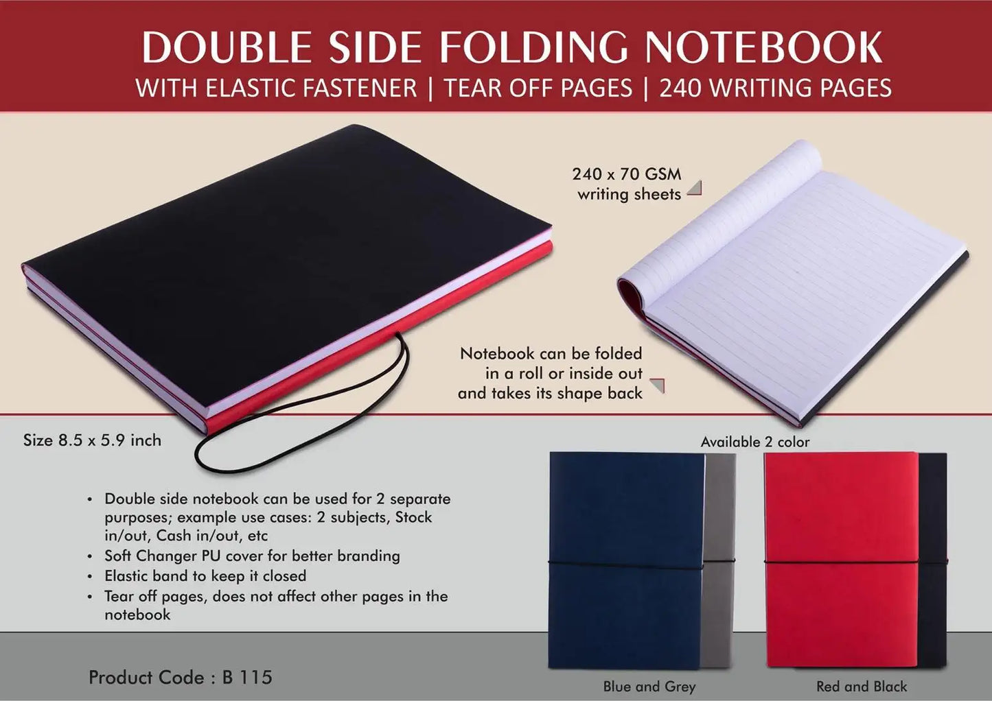 Double side folding notebook with Elastic Fastener | Tear off Pages | 240 writing pages