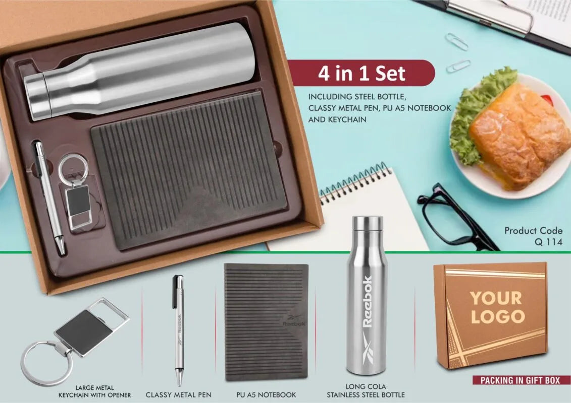 4 in 1 Gray Corporate Gift Set – Metal Keychain, Stainless Steel Bottle, Metal Pen & A5 PU Notebook in Kraft Gift Box