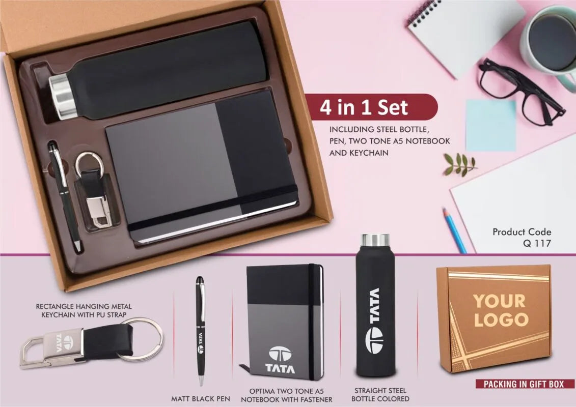 4 in 1 Corporate Gift Set: Metal Keychain, Stainless Steel Bottle, Metal Pen, A5 PU Notebook in Kraft Box