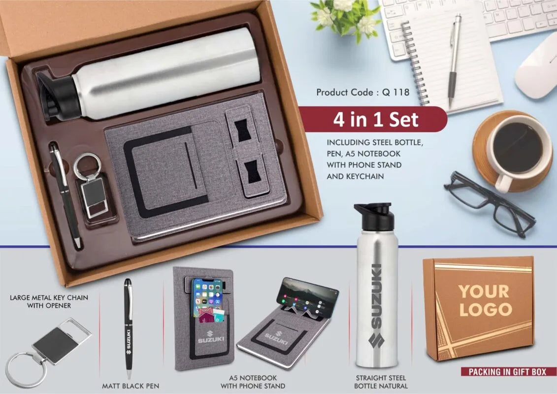 Corporate Gift Set with Bottle – 4-in-1 Premium Gray Combo