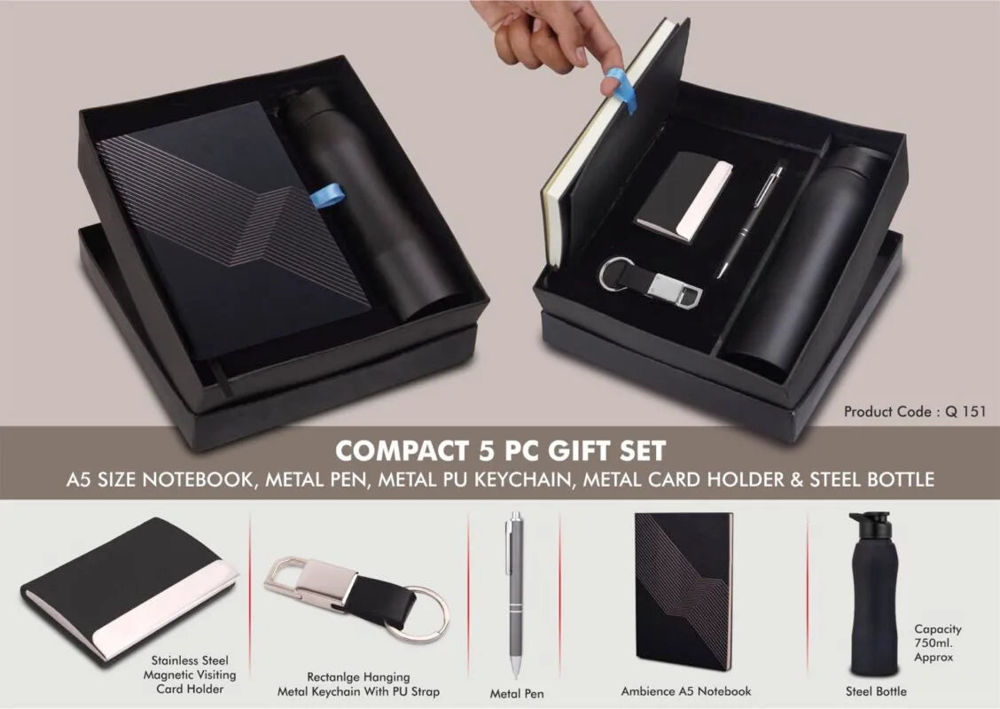 Buy Compact 5 Pc Black Gift Set: A5 Notebook, Metal Pen, Keychain, Card Holder & Steel Bottle