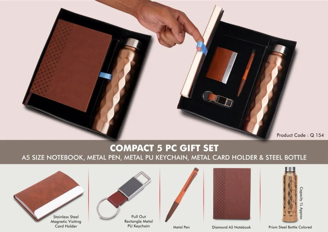 Buy Compact 5 Pc Tan Corporate Gift Set: A5 Notebook, Metal Pen, Keychain, Card Holder & Steel Bottle