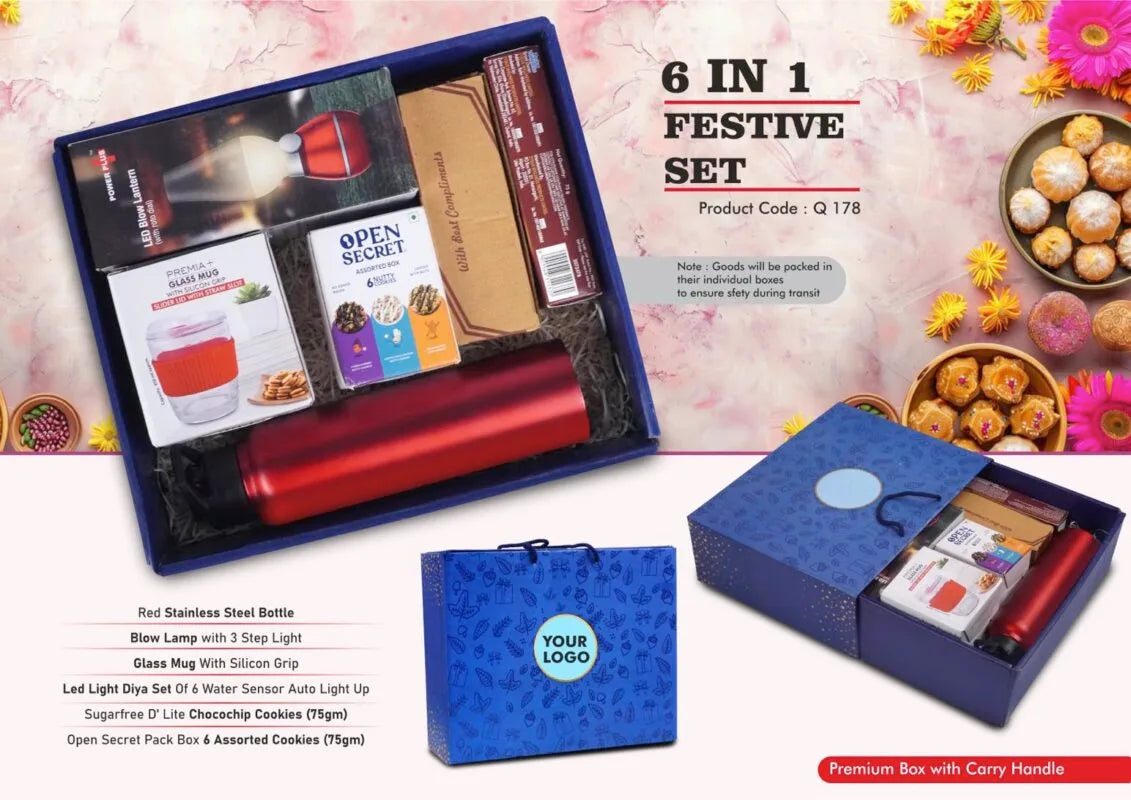 Festive Gift Set of 6: Glass Mug, LED Blow Lamp, SS Bottle & Healthy Treats