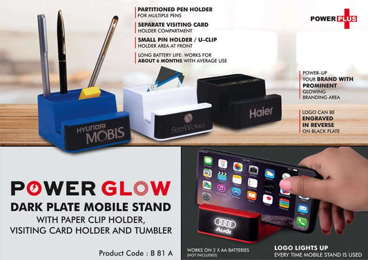 PowerGlow Dark Plate Mobile stand | With paper clip holder, visiting card holder and tumbler | Works on 2 x AA batteries