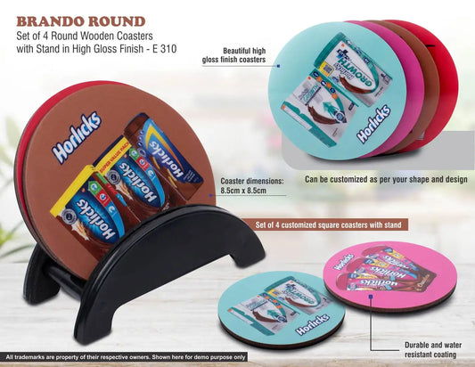 Brando Round: Set of 4 Round Wooden coasters with Stand in High Gloss Finish | MOQ 100 pcs