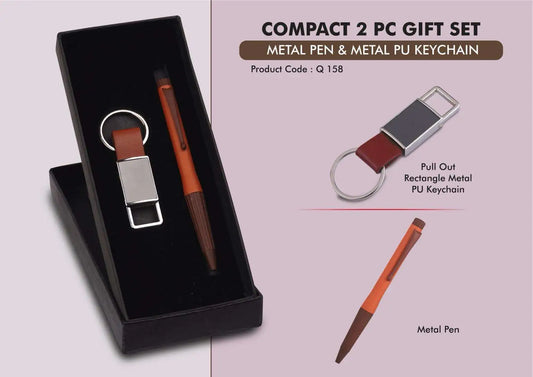 Compact 2 Pc Tan Gift Set: Metal Pen & Metal PU Keychain