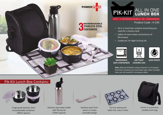 PIK-KIT: All in 1 Lunch box with 3 Microwaveable SS containers | Contains SS bottle, Fork, Spoon, Tablemat, Premium Bag