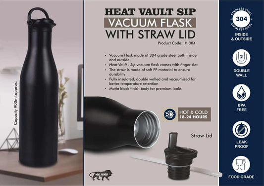 HeatVault Sip: 900 ml vacuum flask with Straw lid | 304 steel inside & outside | 18 hours hot/cold