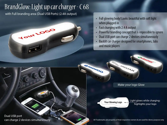BrandGlow: Light up car charger with Full branding area (Dual USB Ports) (2.4A output)