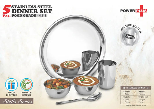 5 pc Stainless Steel Dinner set | Set of 1 Plate, 2 bowls, 1 glass and 1 spoon