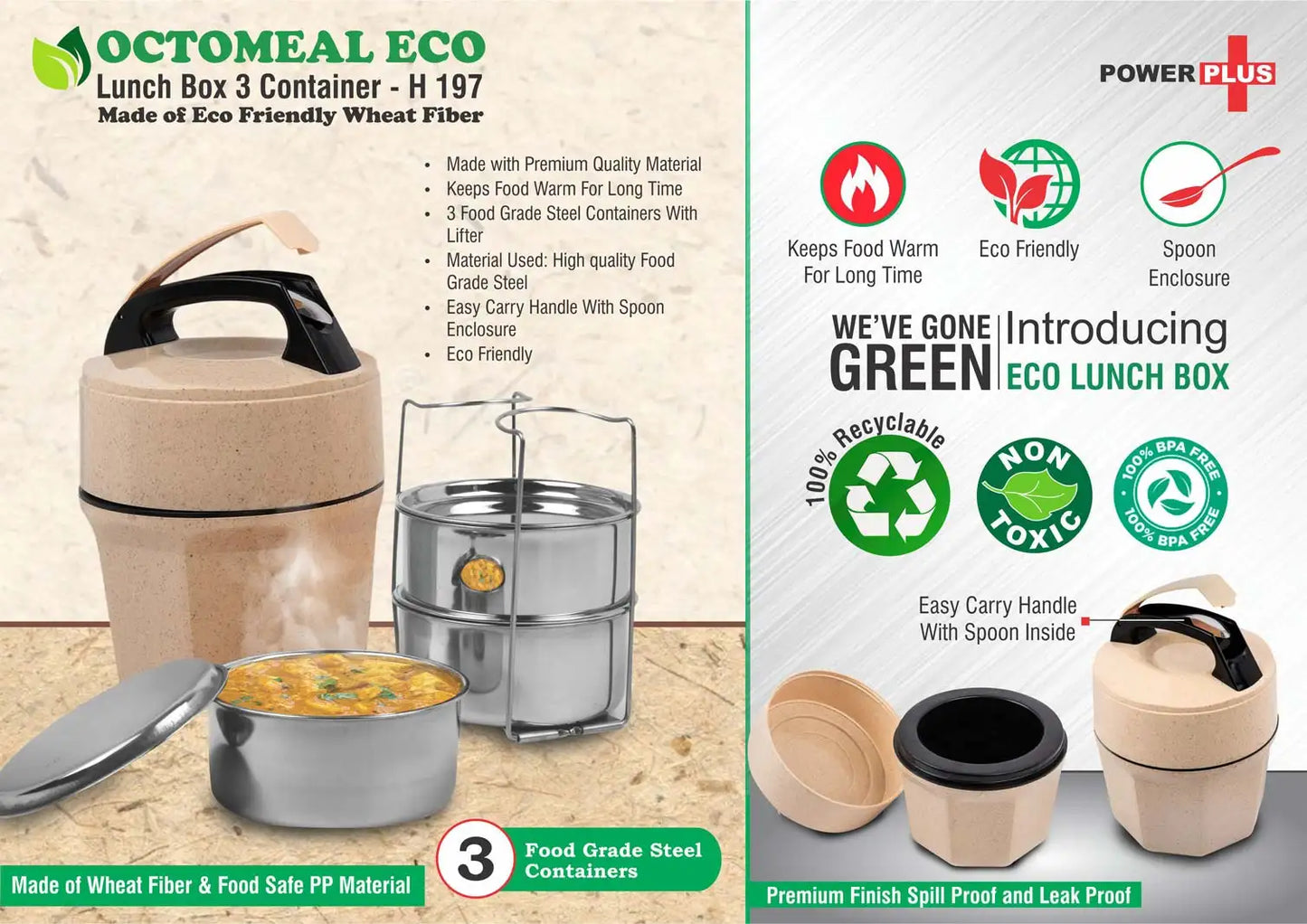 Octomeal Eco: 3 Steel container lunch box with spoon | Made from Eco friendly material | 100% recyclable