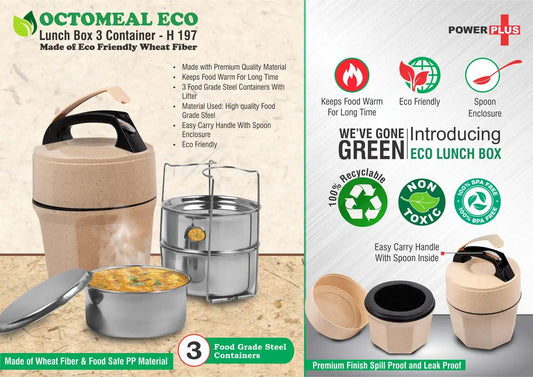 Octomeal Eco: 3 Steel container lunch box with spoon | Made from Eco friendly material | 100% recyclable