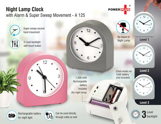 Night lamp clock with Alarm and Super Sweep movement | Rechargeable Lamp | 3 Level backlight
