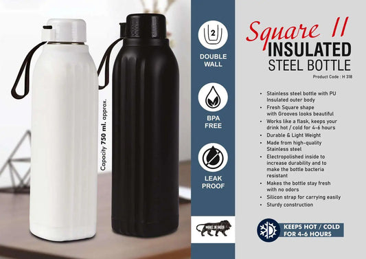 Square II: Insulated Steel Bottle | Keeps Hot & Cold for 4-6 Hours | Strap for Carrying easily | Capacity 750 ml approx