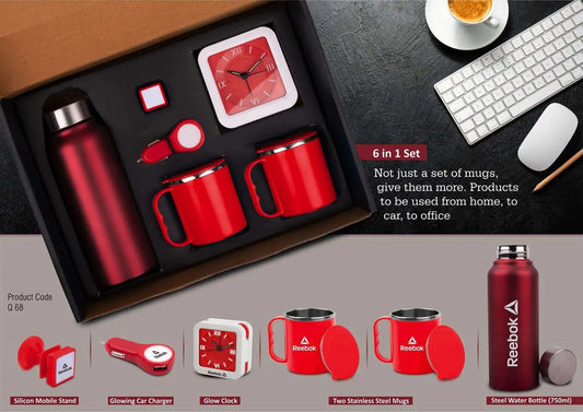 6 in 1 set: Steel Water bottle (750ml), Silicon mobile stand, Glowing Car charger, Glow Clock, Two Stainless steel mugs