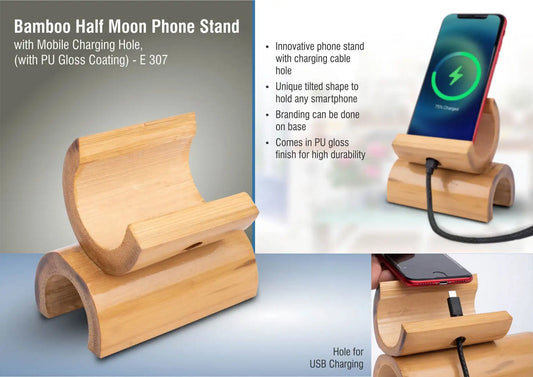 Bamboo Half moon phone stand with mobile Charging hole, (with PU Gloss coating)