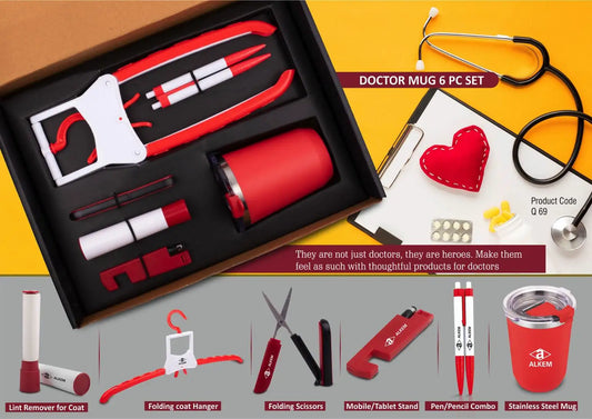 Doctor Mug set: Folding Coat hanger, Lint remover, Folding scissors, Mobile/Tablet stand, Pen/Pencil combo, Stainless steel mug | 6 pc set